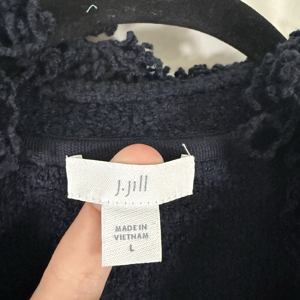 J Jill Cardigan Women's Large Blue Fringe Trim Hook Eye Front Long Sleeve - Picture 8 of 11